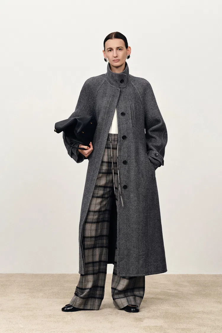 Edwina Grey Long Herringbone Coat in Lightweight Merino Wool