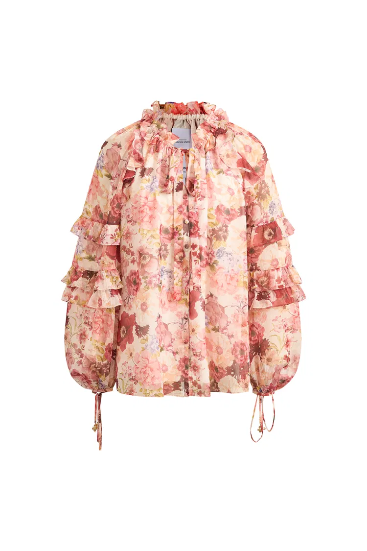 Marie Hand-Painted Print V-Neck Ruffle Top in Sheer Chiffon