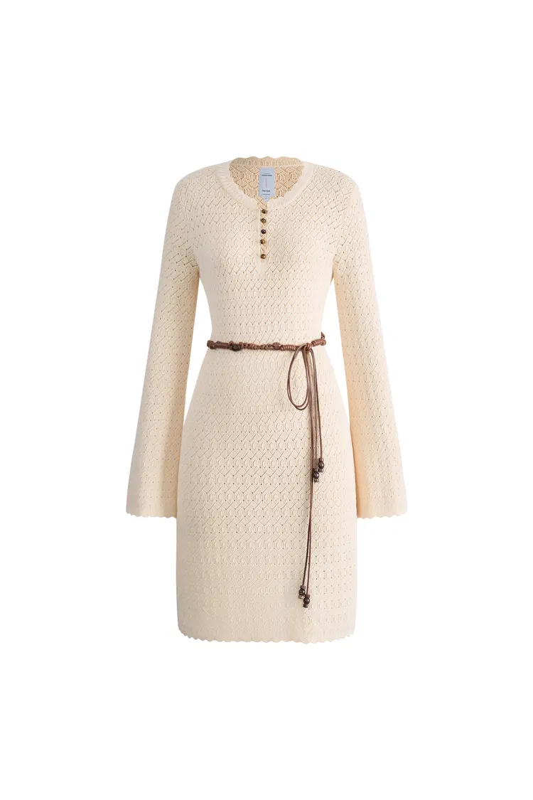 Mira Heavy Shell Hem Long Sleeve Short Dress in Pearl Fiber Blend