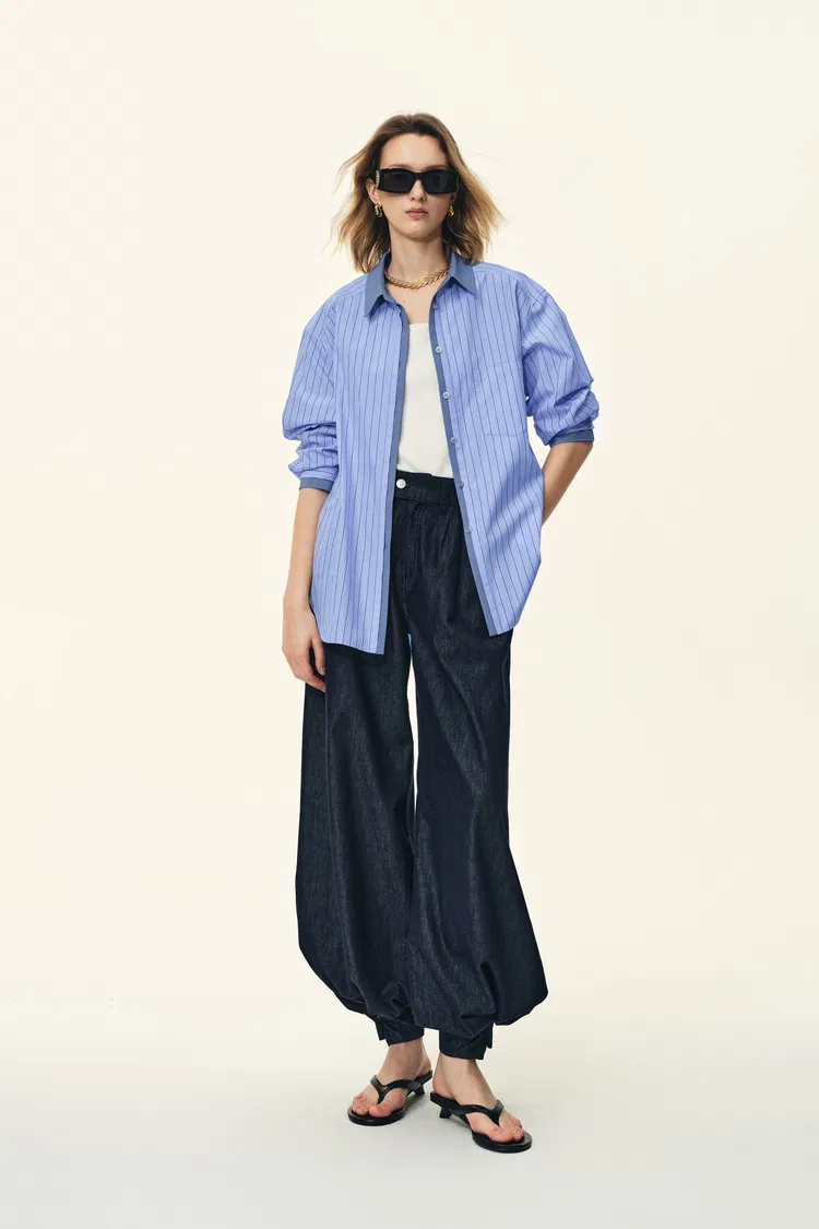Blair Contrast Collar Striped Denim Patchwork Shirt in Cotton poplin