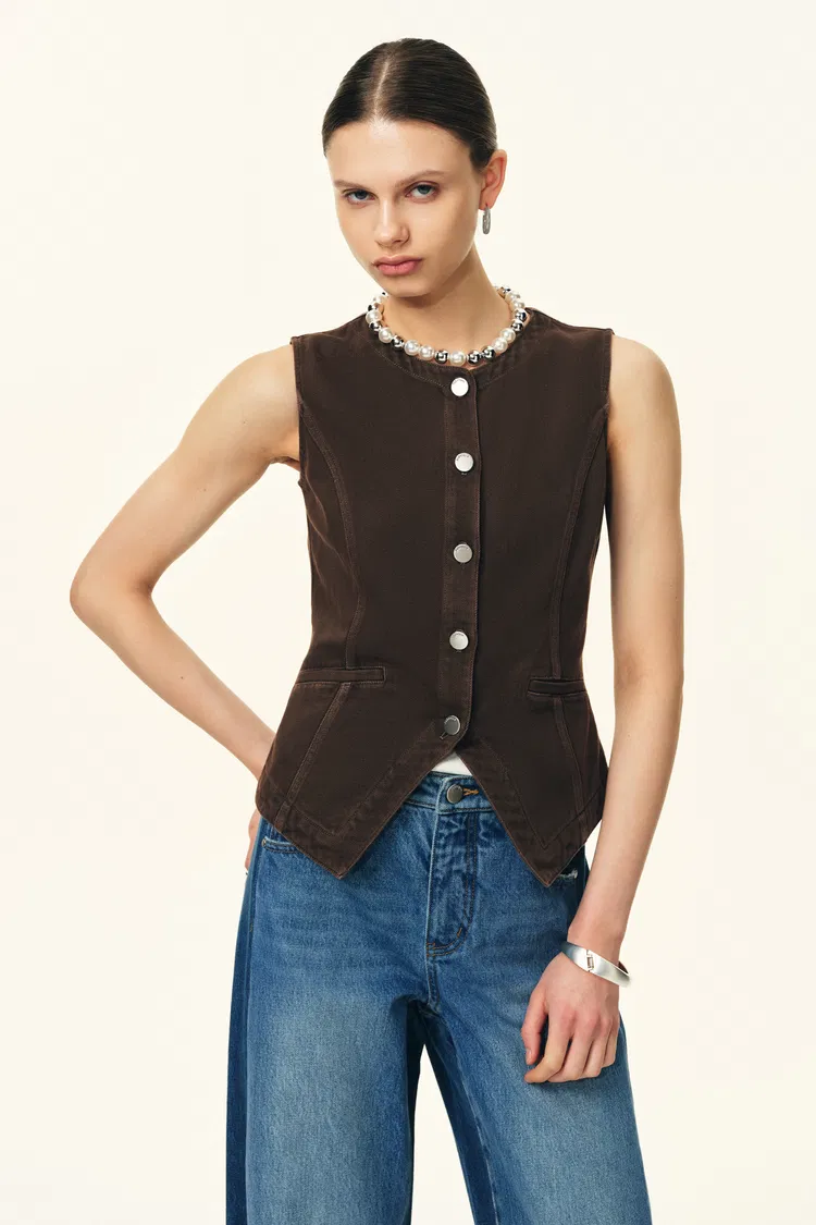 Elodie Fitted Round Neck Sleeveless Vest Top and Skirt Matching Set in Thin Denim