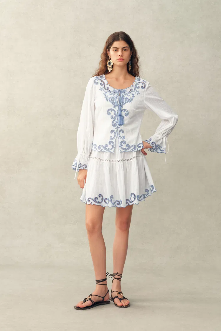 Maggie Embroidery Resort Wear Tie Front Sheer Shirt and Skirt Set in Cotton Jacquard