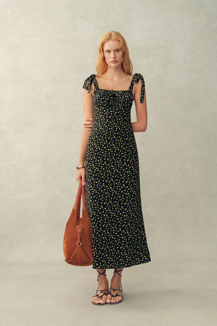 Anais Tie Strap Hand Painted Peony Maxi Dress in Stretch Silk Crepe de Chine