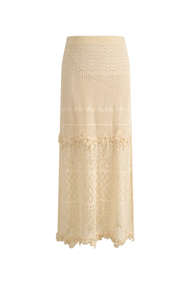 Angelica Floral Openwork Straight Maxi Skirt in Linen Knit