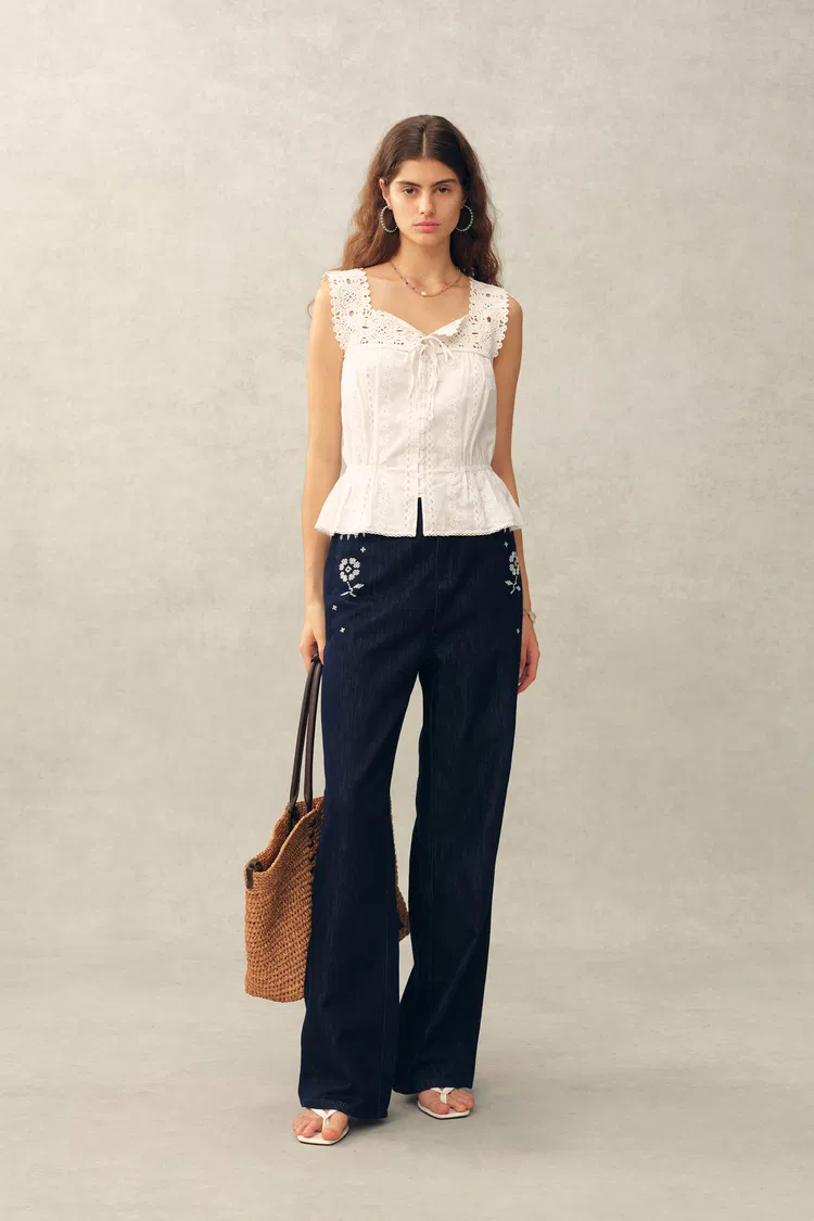 Sophia Hand Crochet Cinched Waist Sleeveless Top in Cotton Jacquard