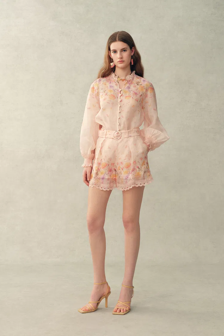 Lillian Handpainted Floral Embroidery Sheer Ombré Print Blouse and Shorts Set in Silk Linen Organza