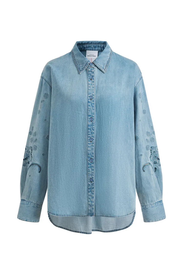 Vinetta Curved Button Placket Floral Embroidered Shirt in Cotton Linen Denim
