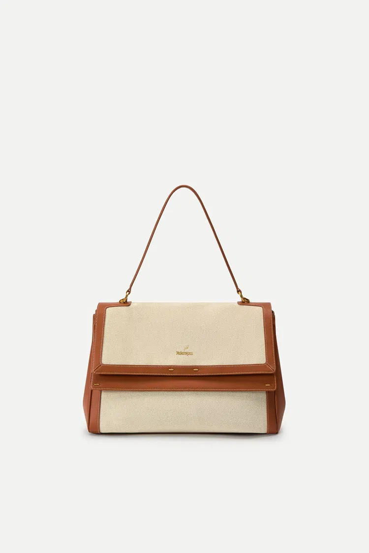 Fab Rialto Double Flap Handbag in Nappa Leather & Water-Resistant Canvas