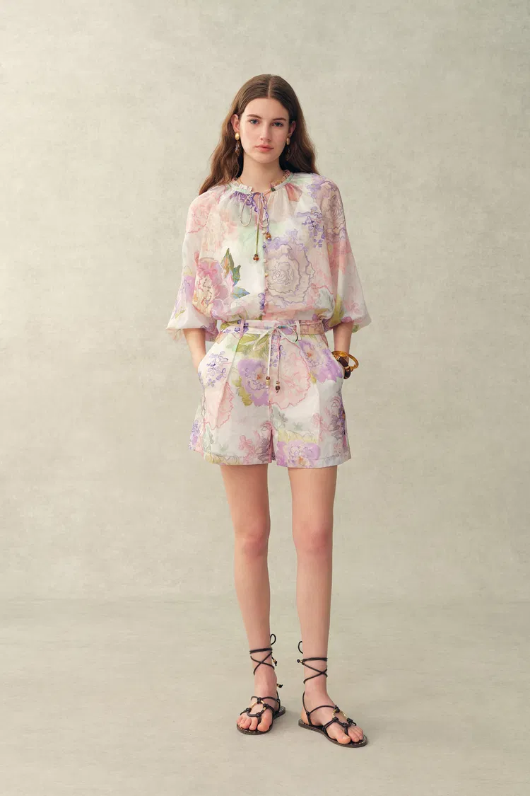 Yori Handpainted Floral Print Sheer Beaded Puff Sleeve Blouse and Shorts Set in Silk Linen Blend