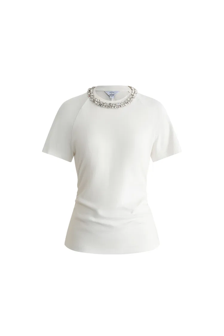 Becky Detachable Jewel Collar Short Sleeved T-Shirt in Ribbed Cotton