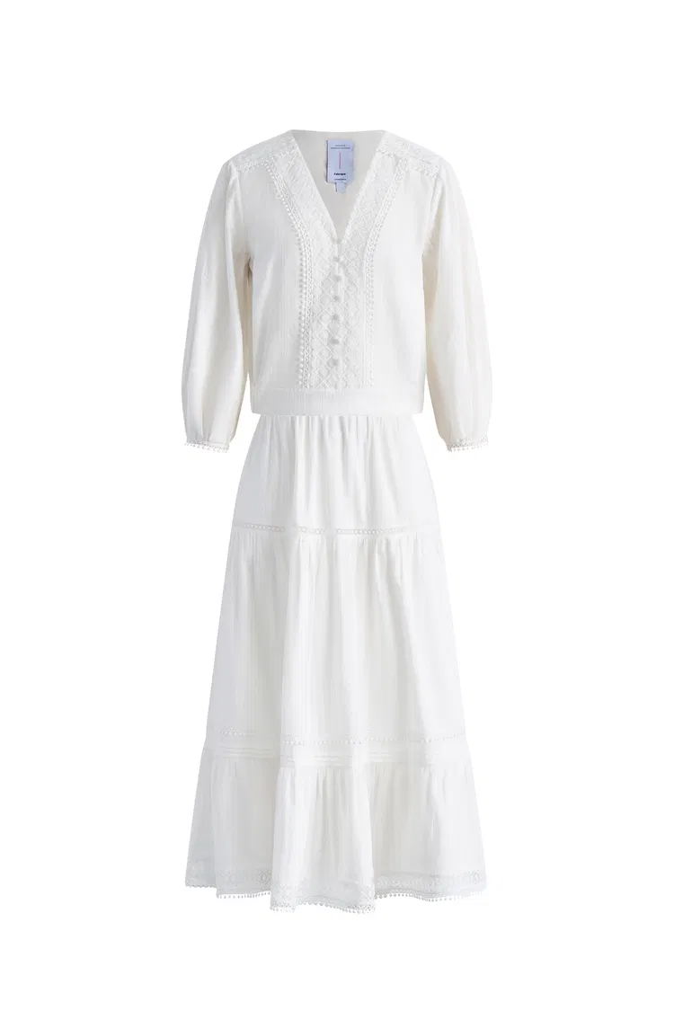 Elli Embroidery Puff Sleeve Blouse Top and Maxi Skirt Matching Set in Cotton
