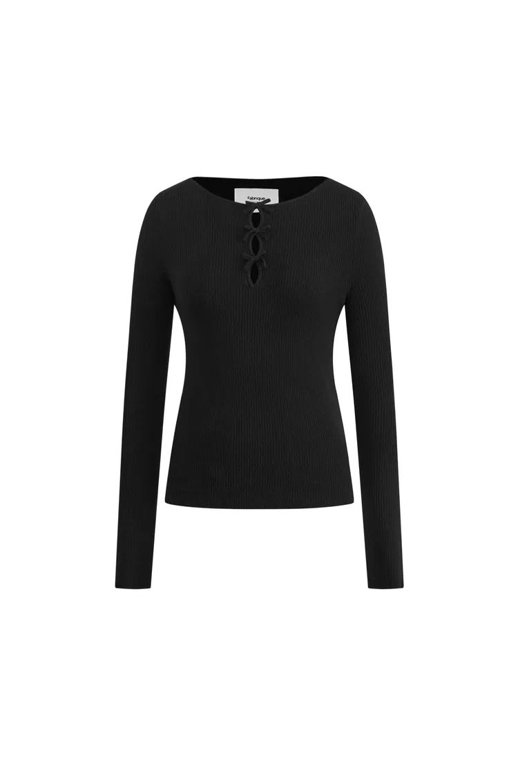 Eden Bow Tie Fitted Top in Merino Wool with Stretch Knit