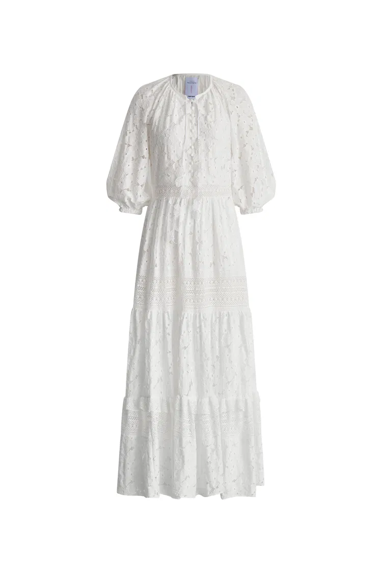 Nora Puff Sleeve Tiered Dress in Embroidered Cotton