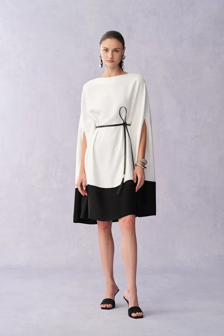 Carlton Wrinkle Resistant Cape Dress in Matte Satin-Linen Blend