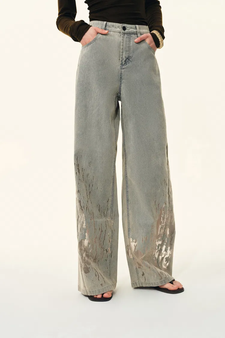 Thalia Devoré Jeans in Composite Denim-Washed Grey Denim