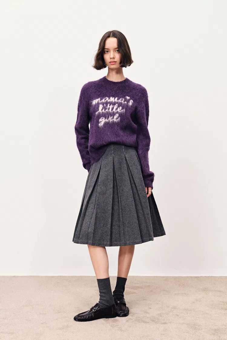 Girlie Hand Work Alphabet Purple Sweater in Alpaca Blend