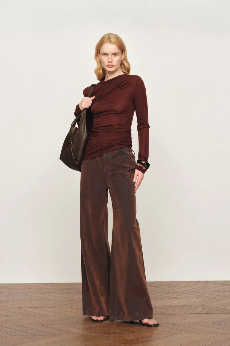Edith Runched Long Sleeve Top in Lightweight Merino Wool Knit