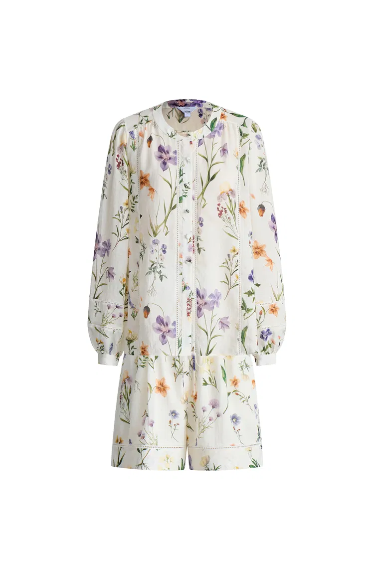 Perla Hand Painted Flora Blouse and Short Matching Set in Tencel-Ramie