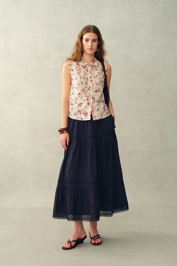 Ursa Hand Painted Floral Sleeveless Top in Silk Cotton Blend