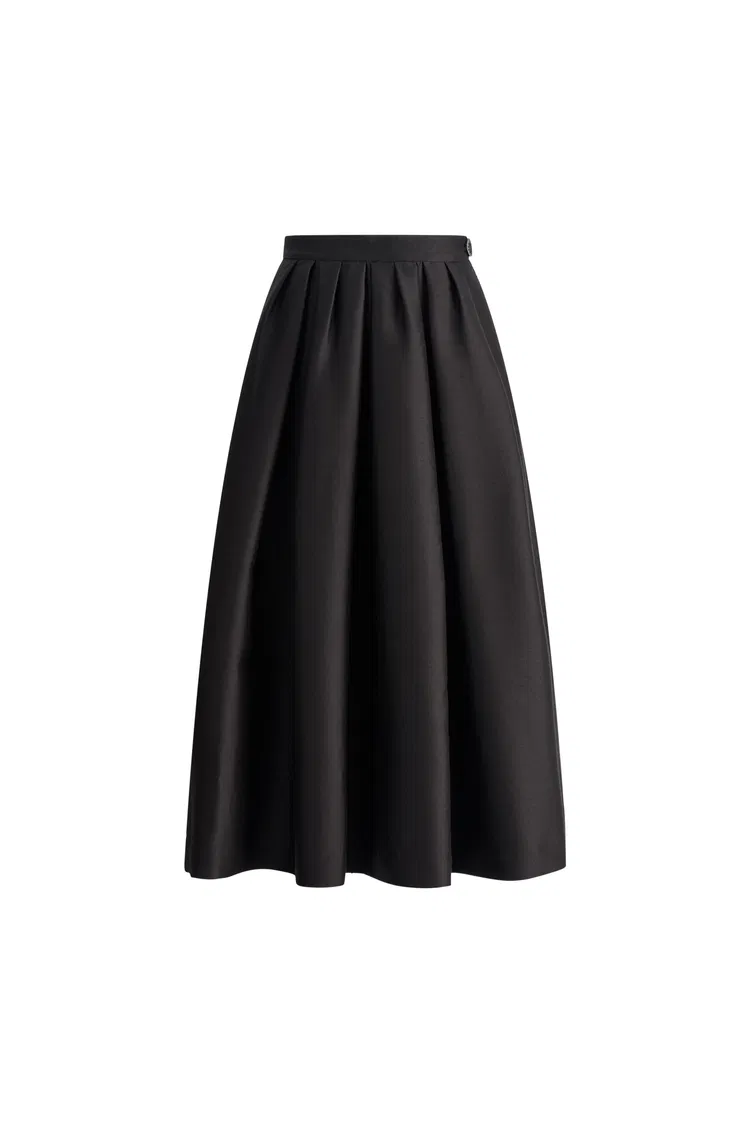 Tia Mixed Width Pleats Midi Bubble Skirt in Fine Silk-Wool Satin