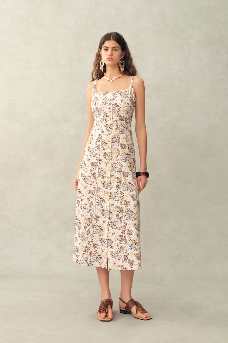 Scarlett Handpainted Waterlily Square Neck Fitted Sleeveless Dress in Cotton
