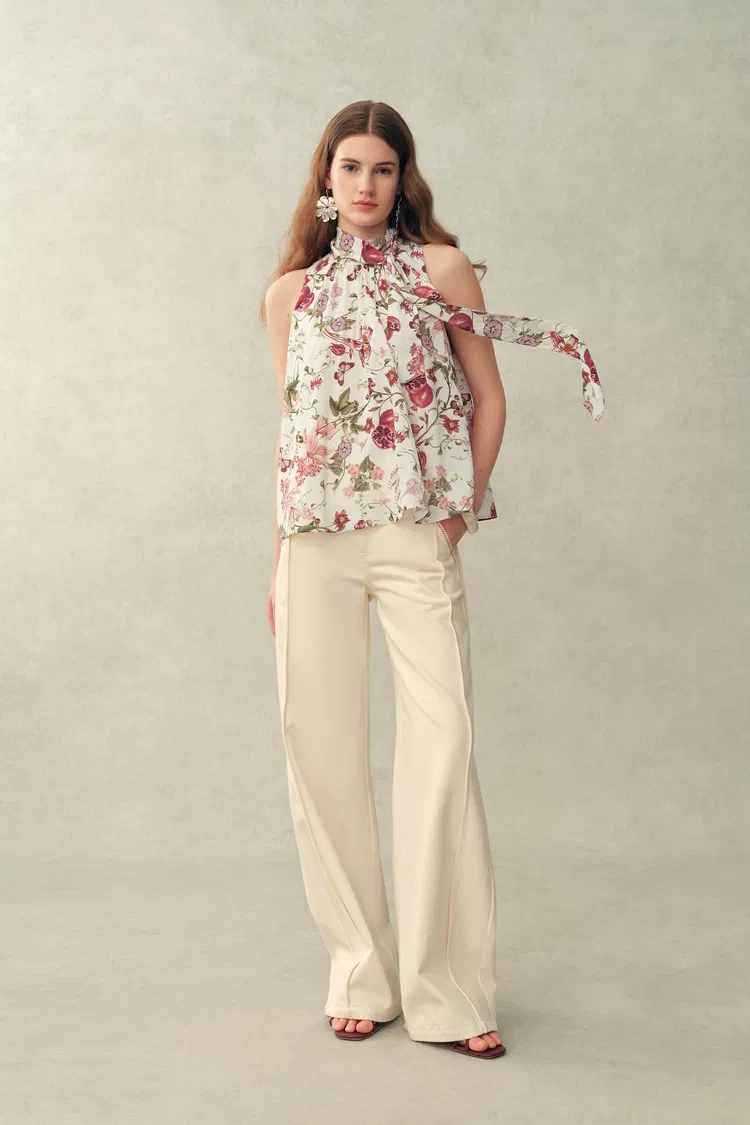 Pernilla Pomegranate Floral Print Tie Neck Blouse in Stretch Silk Double Crepe