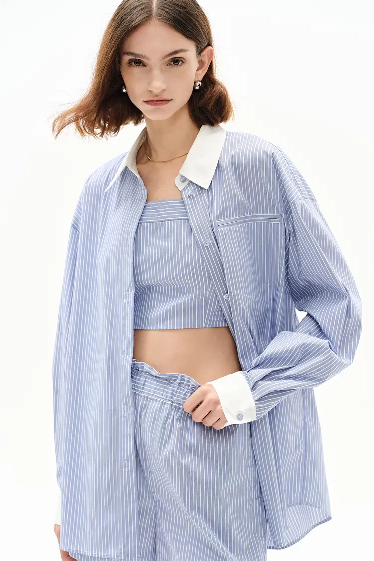 Nao Casual Striped Shirt and Tank Top Matching Set in Cotton Poplin