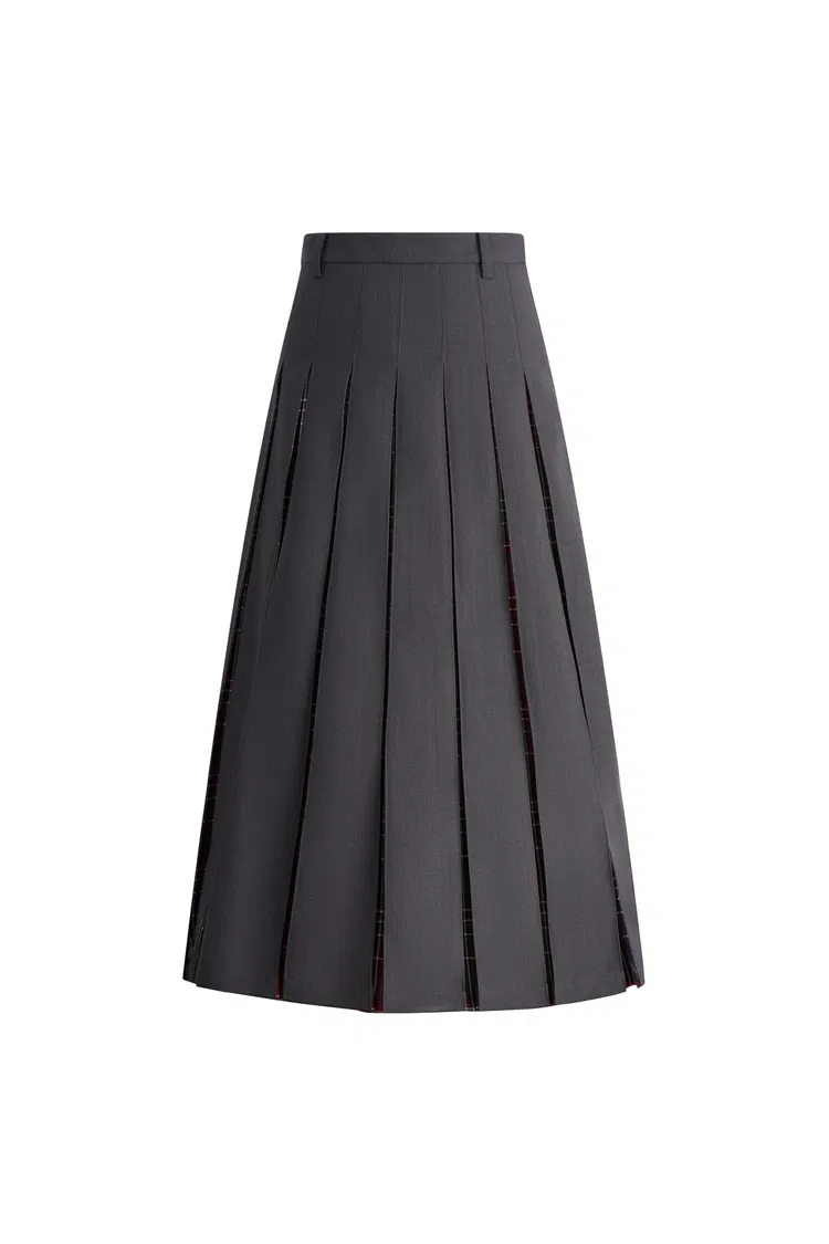 Henrie Pleated Check Maxi Skirt in Fine Wool Blend
