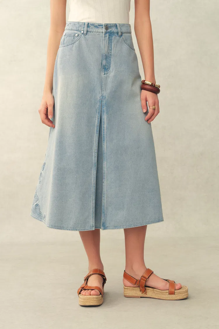 Michel Embossed Flowers Midi Skirt in Cotton Denim
