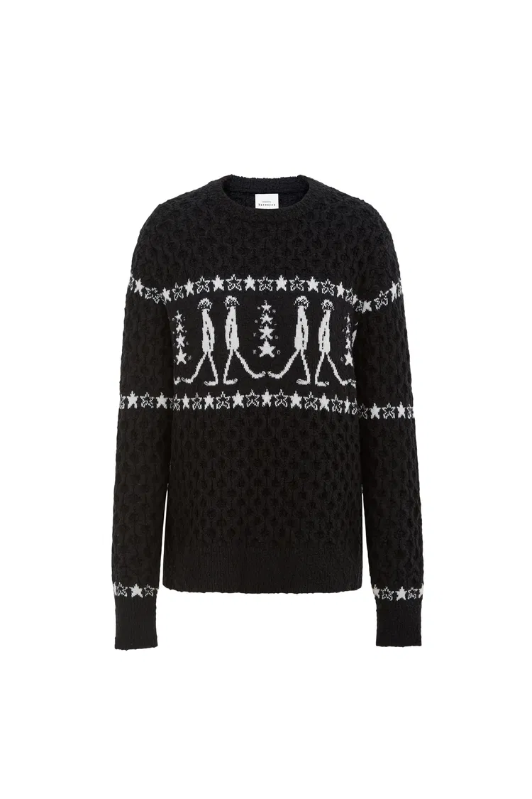 Star Walker Black Fair Isle Pullover in Viscose Wool Pom-Pom Yarn Knit