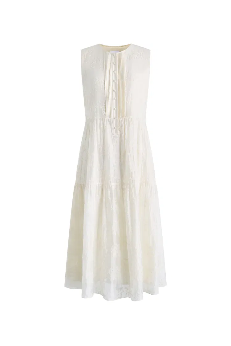 Stella Sleeveless Dress in Lyocell-Linen Embroidery