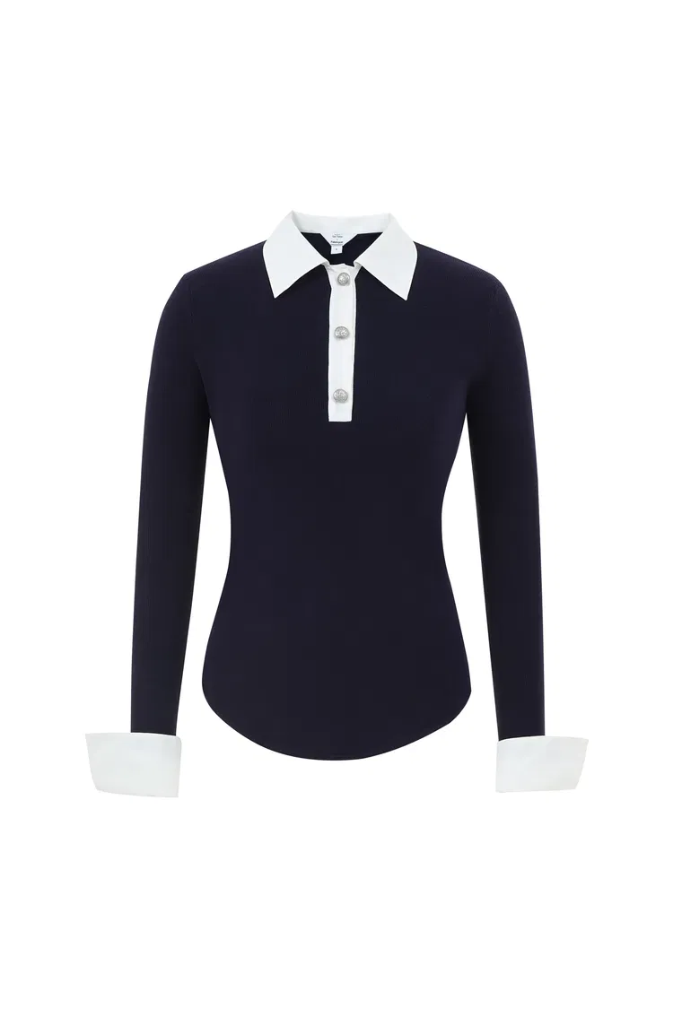 Violet Contrast Collar Top in Viscose Blend Knit