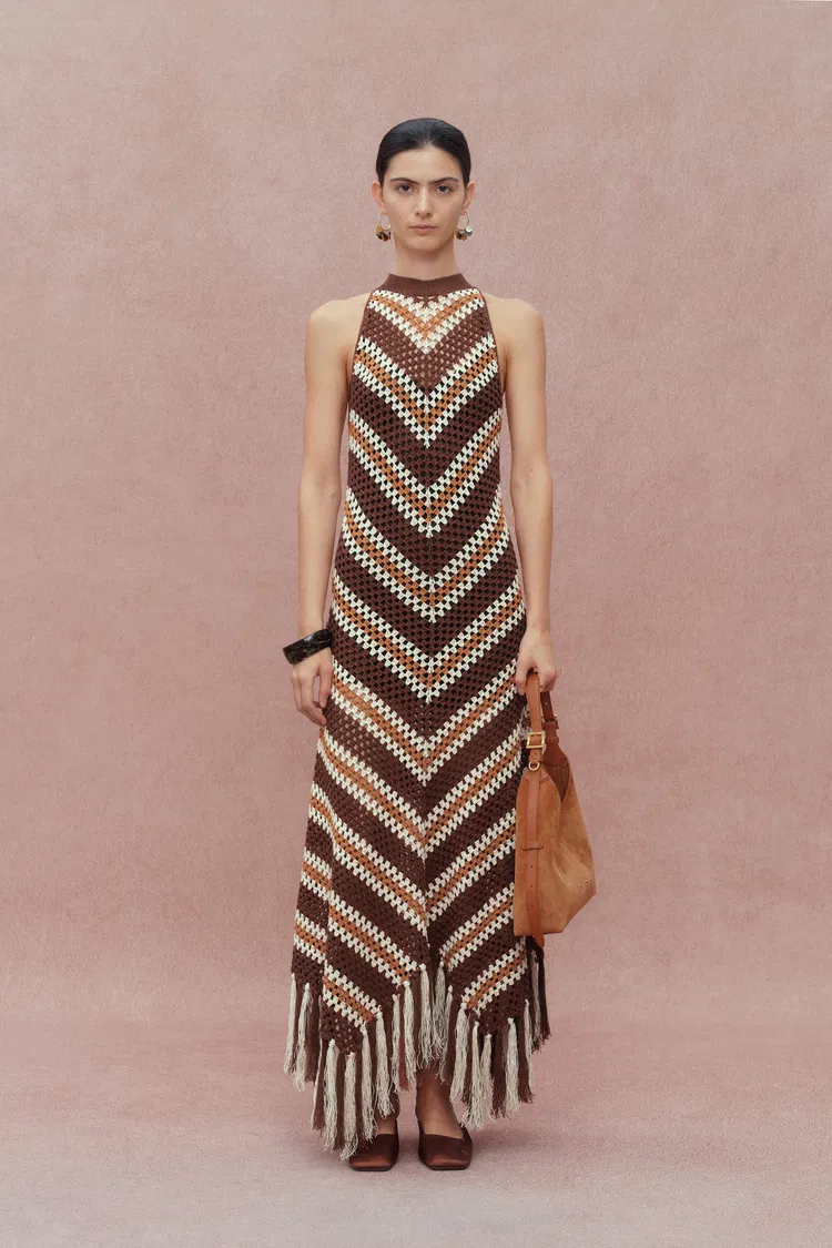 Franny Hand Crochet Striped Sleeveless Dress in Cotton-Linen Tape Yarn Knit Maa Taa Caa Eaa Daa Faa Eaa
