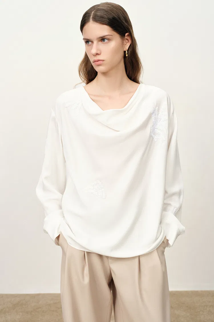Bianca Drape Neck Sequin Embroidered Blouse in Acetate Twill