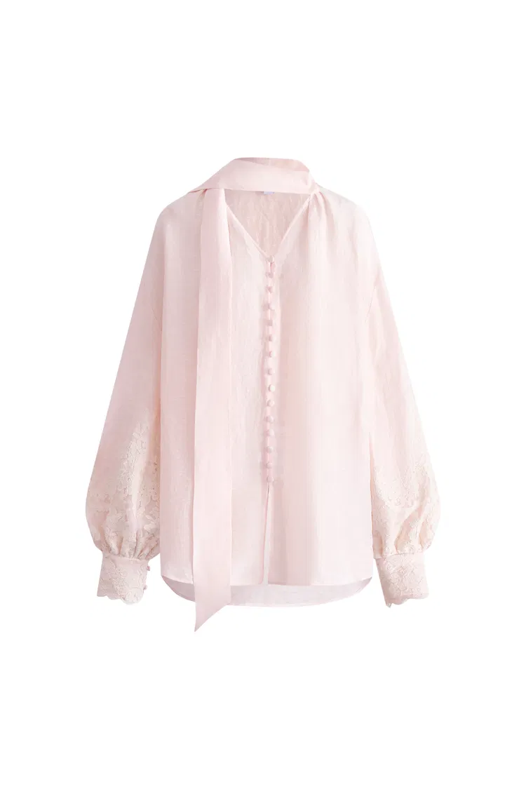 Paz Pink Embroidered Blouse in Silk-Linen Blend