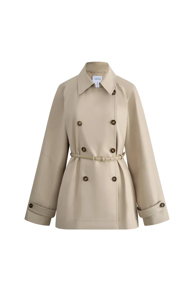 Catelo Double Breasted Leather Belted Short Trench Coat in Wrinkle Resistant Cotton
