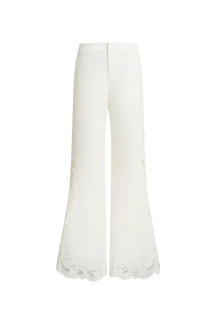 Elodie French Cutwork Embroidery Flare Pants in Cotton & Linen
