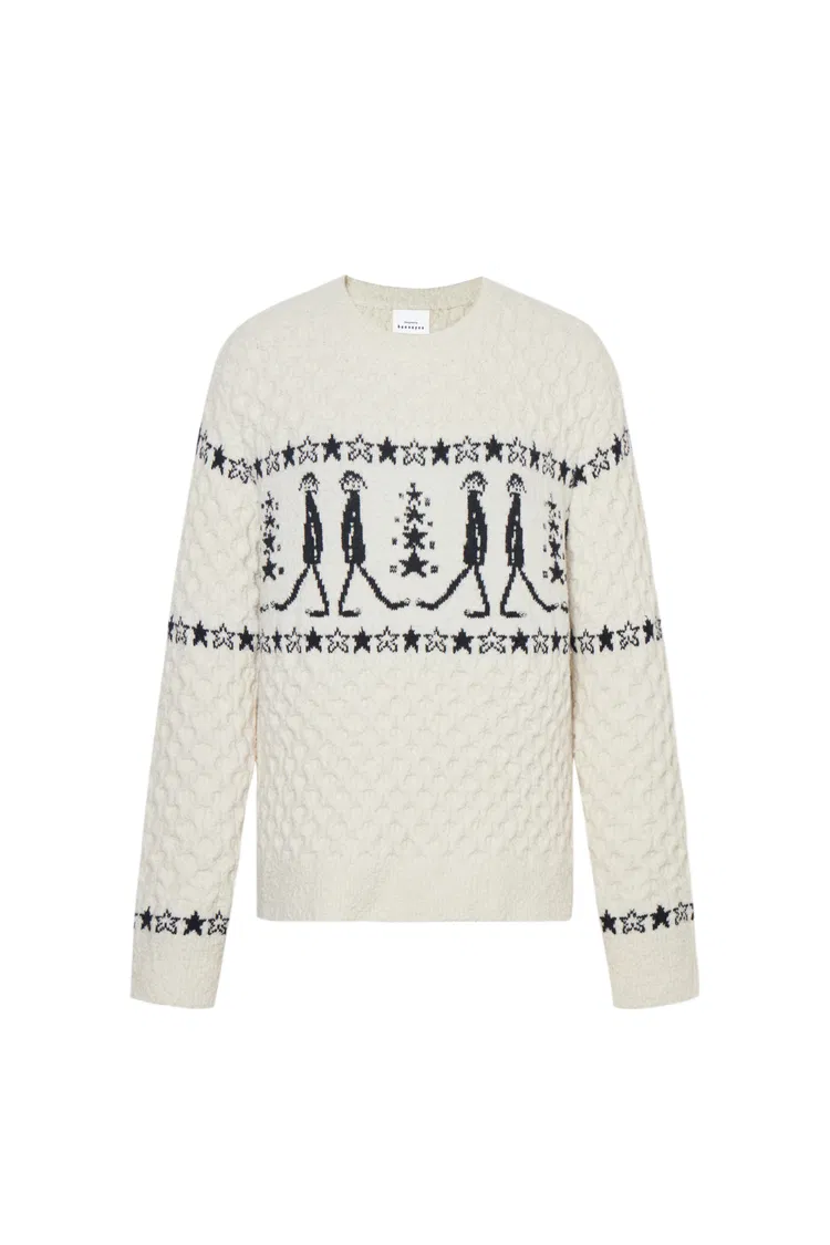 Star Walker White Fair Isle Pullover in Viscose Wool Pom-Pom Yarn Knit