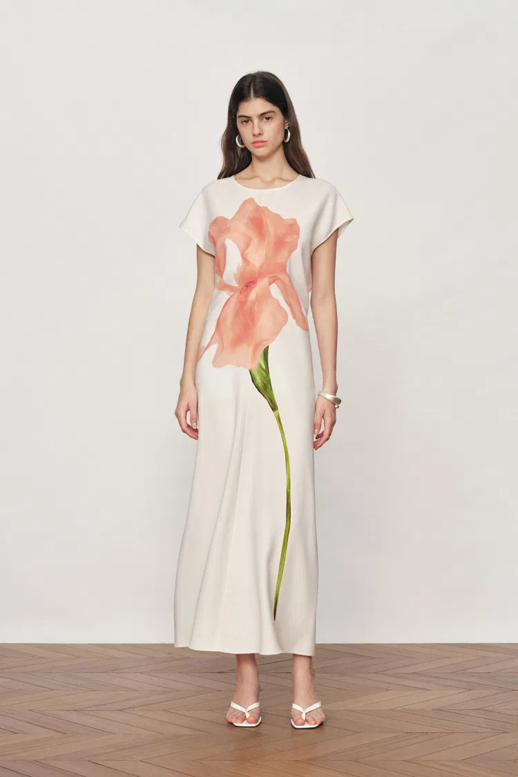 Adelaide Iris Print Short-Sleeve Dress in Soft Stretch Fabric