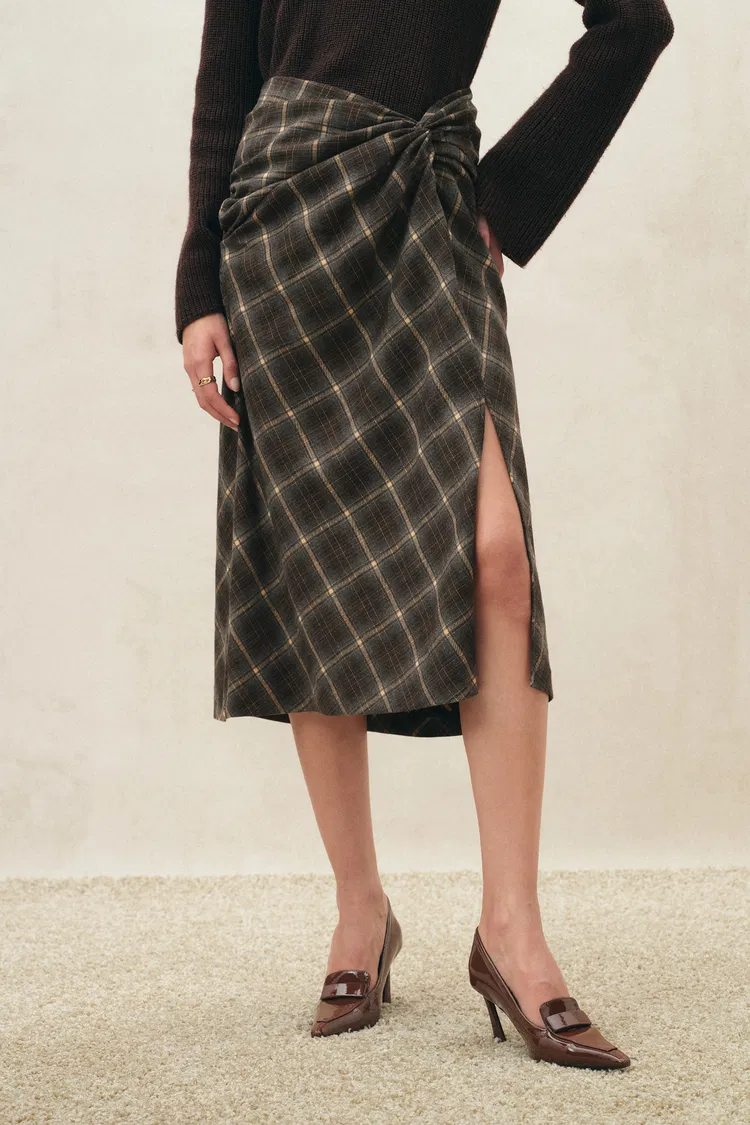 Tessa Plaid Twist Front Split Skirt