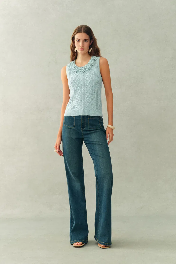 Freya Hand Crocheted Flowers Sleeveless Vest Top in Cotton Cable Knit
