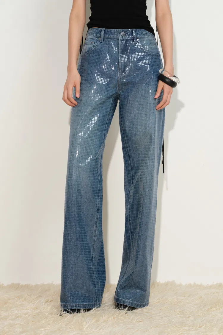 Zia Sequin Embellished Barrel Leg Jeans in Cotton Denim