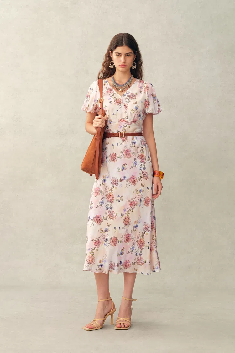 Coco Handpainted Floral Puff Sleeve Cinched Dress in Crinkle Gauze