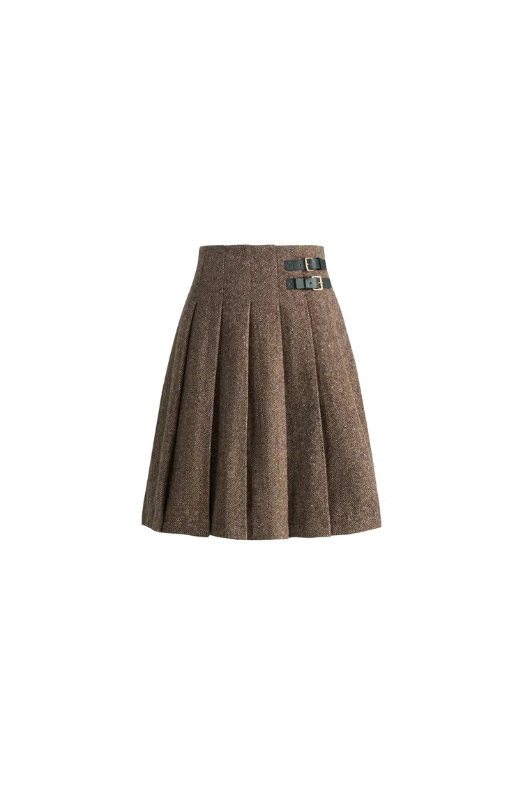 Maeve Leather Buttoned Pleated Skirt in Merino Wool