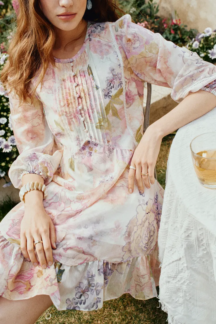 Yori Handpainted Wavy Ruffle Babydoll Dress in Silk Linen Blend