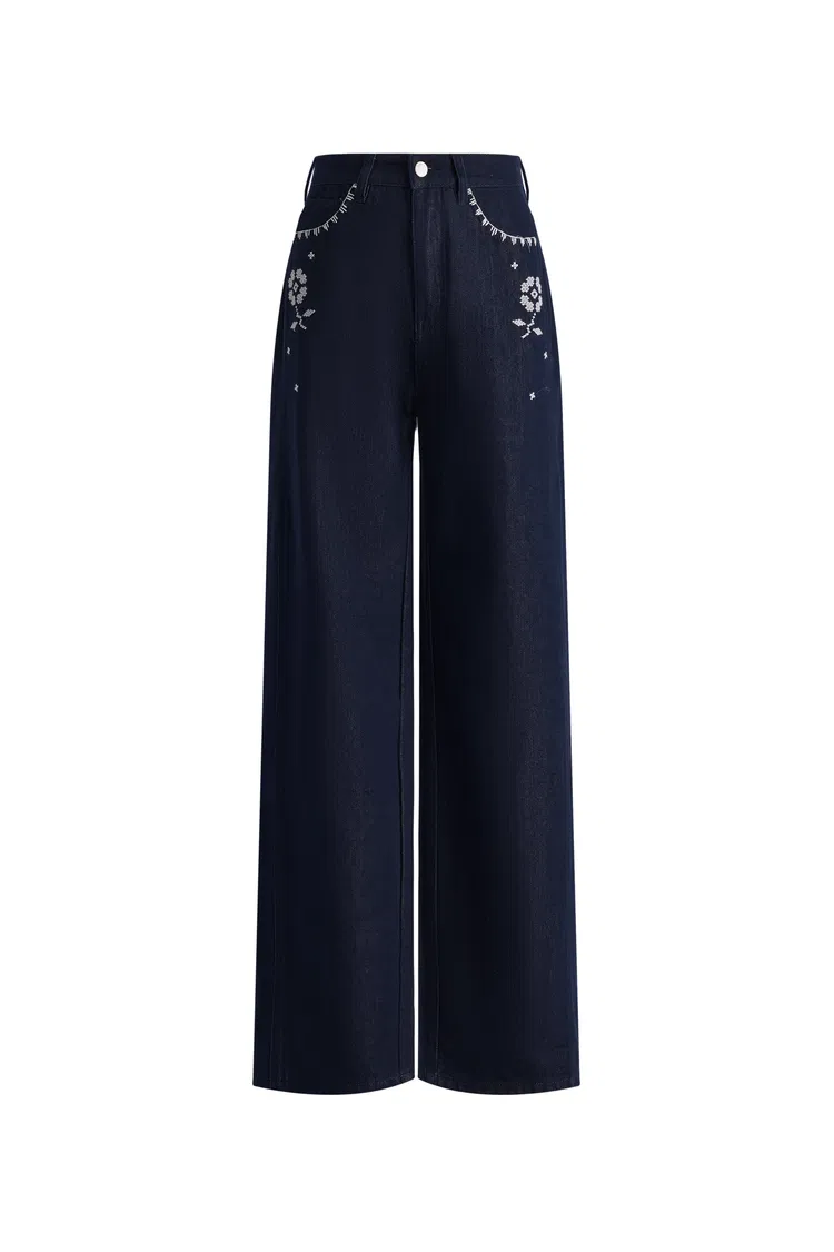 Fiona Floral Embroidered Straight Leg Jeans in Raw Denim