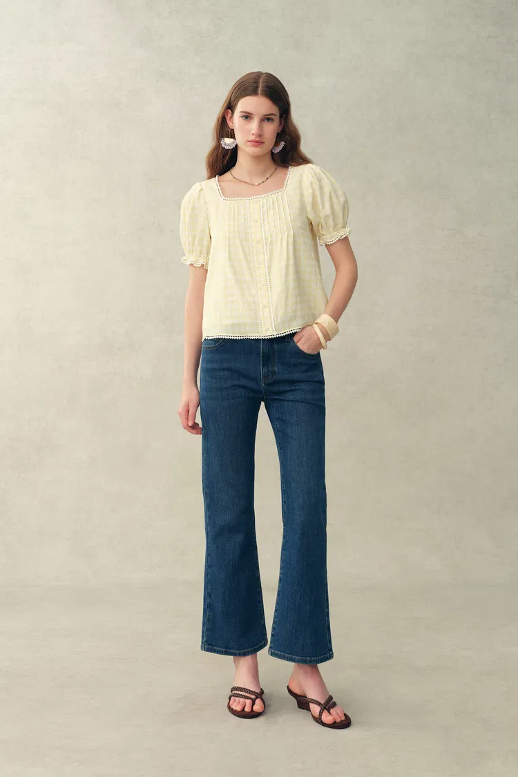 Elio Puffy Short Sleeve Blouse in Yarn-Dyed Crinkled Plaid