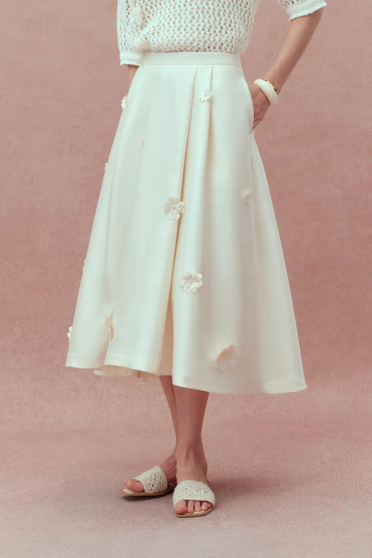 Lea Handcrafted 3D Floral Skirt in Silk-Wool Satin