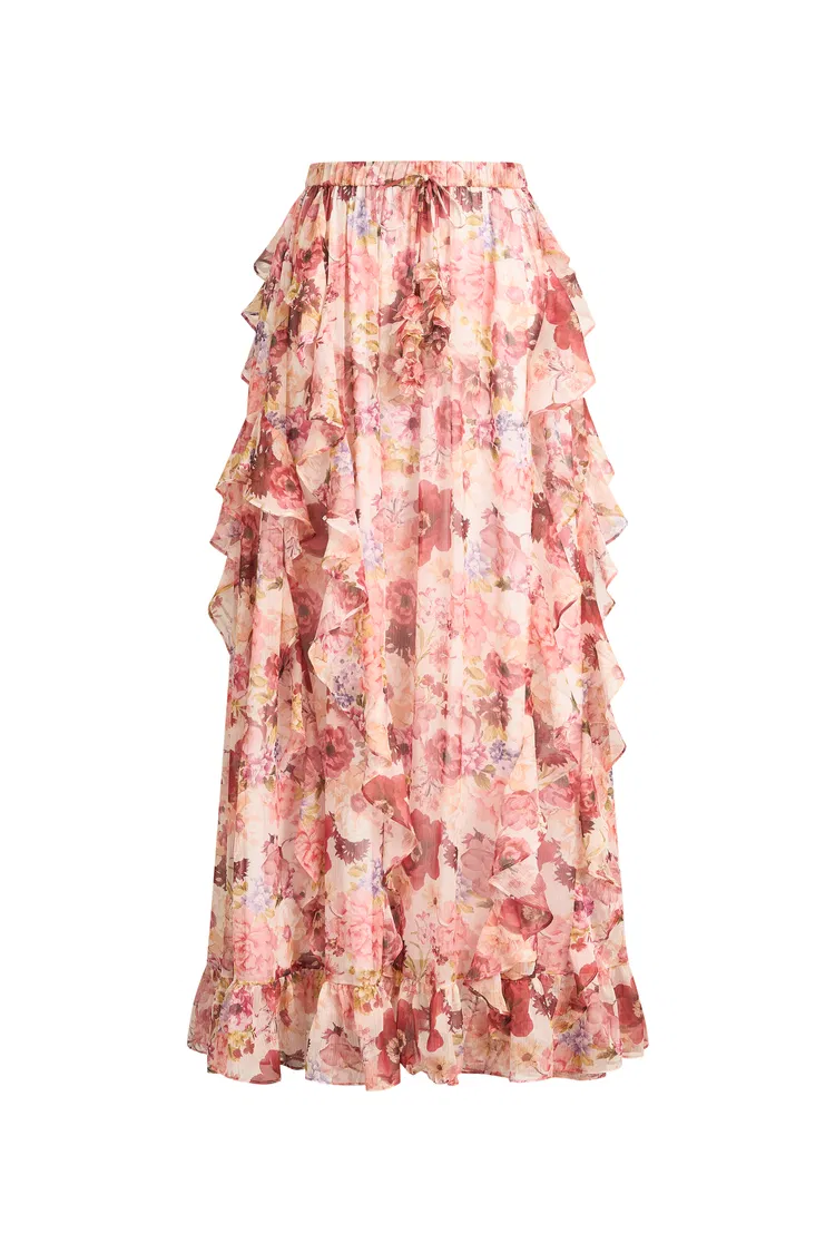 Amélie Hand-Painted Print Ruffle Skirt in Sheer Chiffon