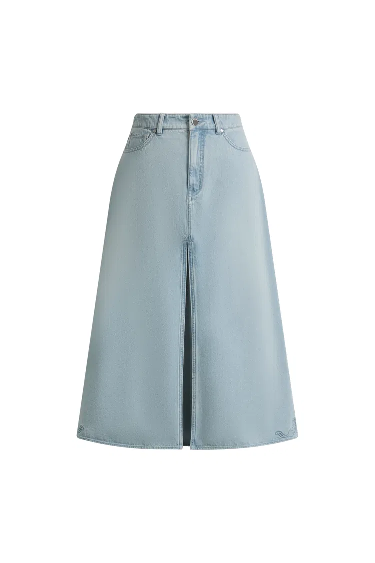 Michel Embossed Flowers Midi Skirt in Cotton Denim
